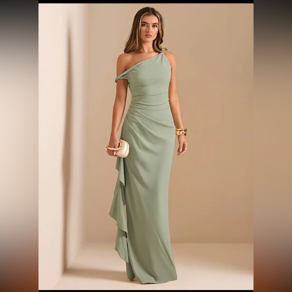 One-Shoulder Sage Green Evening Gown